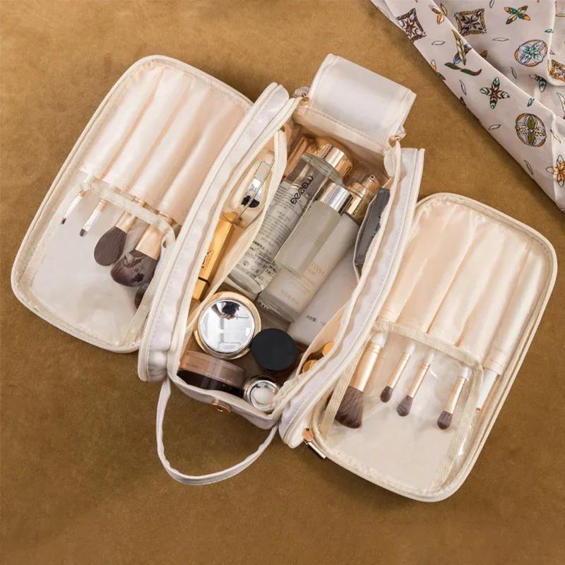 Portable Women's Makeup Bag PU Leather Luxury Cosmetics Storage Organizer Travel Essentials Double Zipper Toiletries Bag