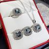 Silver Plated 4PCS Blue CZ Jewelry Set (Necklace+Earrings+Ring), Cushion Cut Halo Box Chain Set for Women