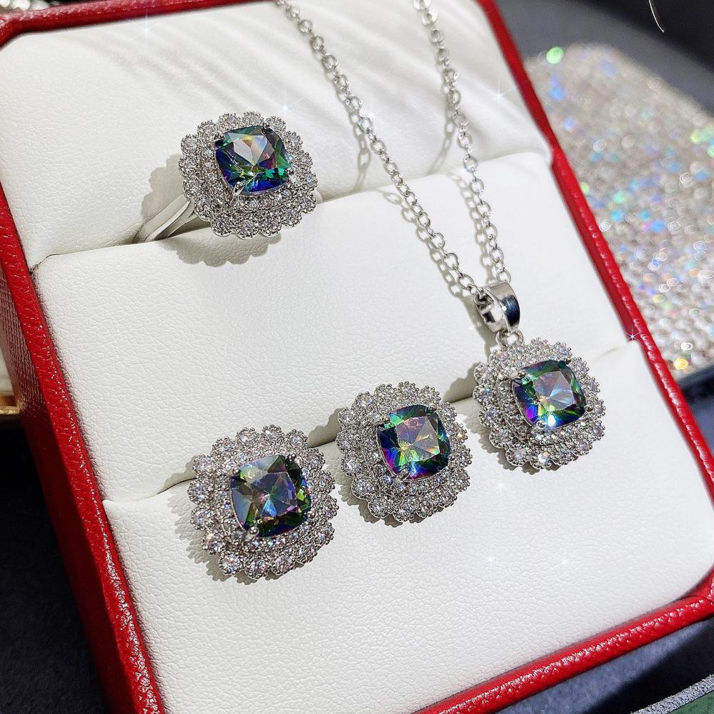 Silver Plated 4PCS Blue CZ Jewelry Set (Necklace+Earrings+Ring), Cushion Cut Halo Box Chain Set for Women