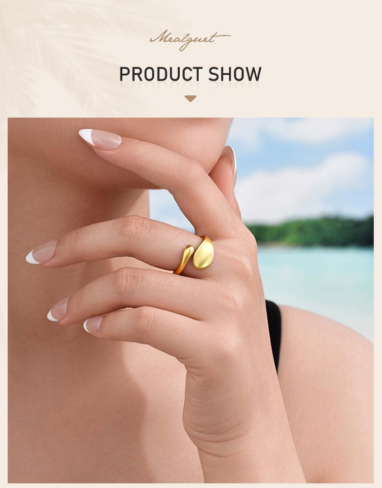 Stainless Steel Adjustable Ring for Women, 18K Gold Plated Emerald Zircon Open Cuff Band Waterproof Tarnish Free Jewelry