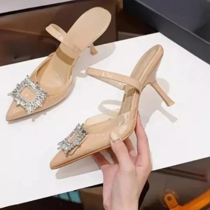 

Корейская версия модных туфель-лодочек с острым носком на высоком каблуке, 2025 новинка, французские стразы с одним ремешком, сандалии для женщин 40