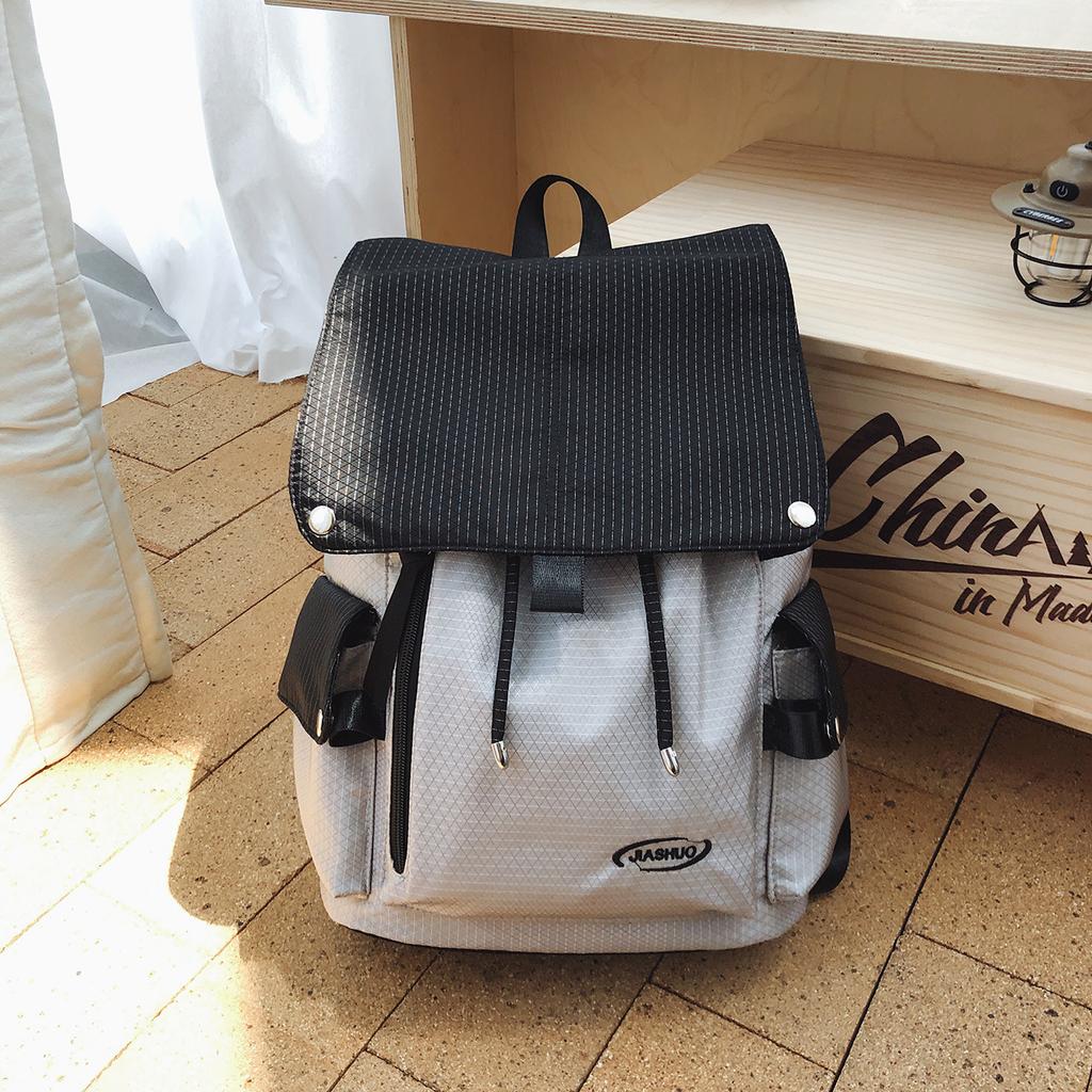 Schoolbag Japanese retro tooling style low saturation color matching flip drawstring backpack couple casual commuting versatile backpack