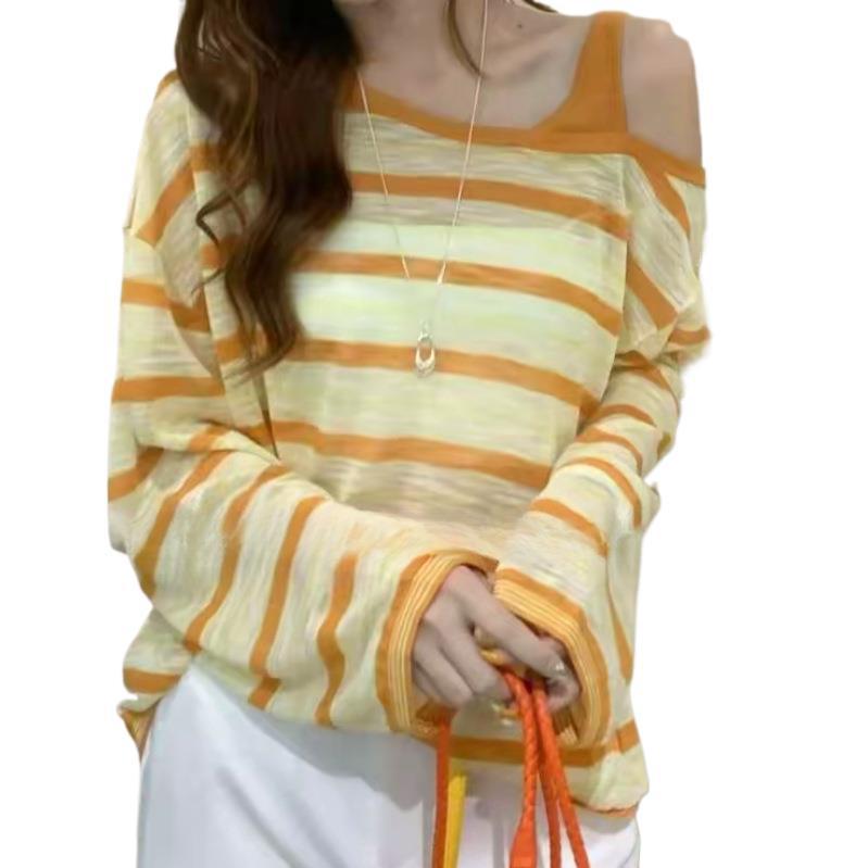 Korean-Style Striped Sun Protection Knit Top - Women's Fashionable Slimming Short Sleeve
