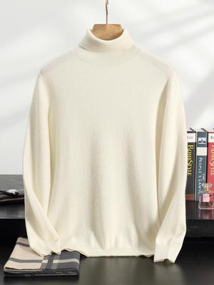 Men's High Neck Cashmere Sweater - Solid Color, Long Sleeve Knitwear for Casual and Business Wear
