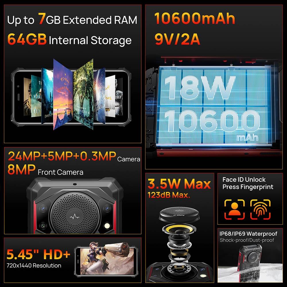 FOSSiBOT F101 Rugged Smartphone, 4GB+64GB, AI Triple Camera, 123dB Speaker, 10600mAh Large Battery, Android 12