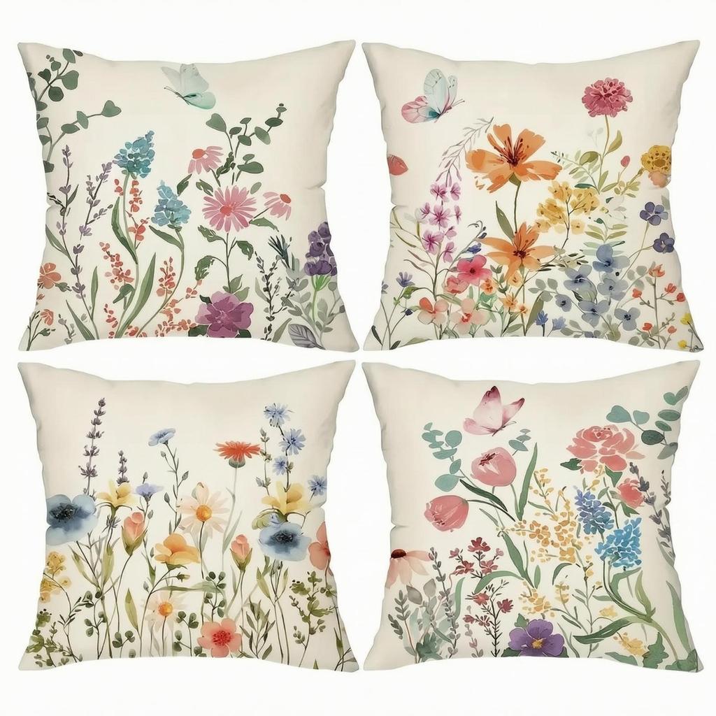 4 Pieces Pillow Slip Soft Floral Linen Cushion Cover for Sofa, Reading Corner