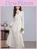 Romantic French Style Knit Long Sleeve Dress For Spring With Waist Cinch And Flared Sleeves