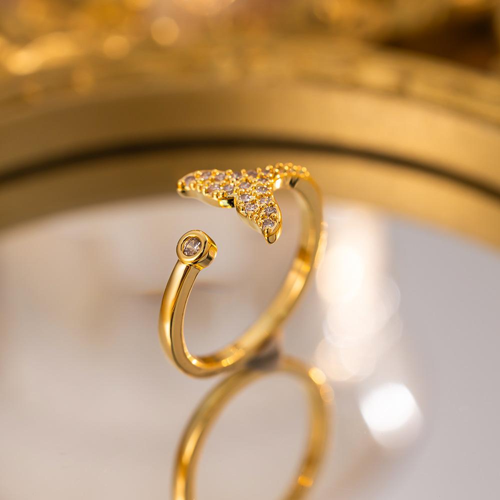 Exquisite super flash zircon ring for girls, light luxury, high-end sense opening adjustable ring, simple real gold electroplating