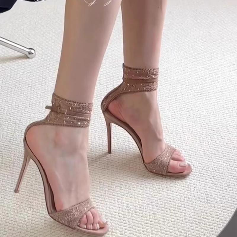 Fashion Stiletto Sandals Spring Summer New Round Toe Open Toe Lace Embroidery Sexy One Strap Anti-slip Wear-resistant High Heels