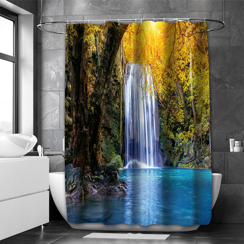 Beautiful Waterfall Bathing Curtain  Bathroom Shower Curtain Waterproof With 12 Hooks Home Deco Free Ship