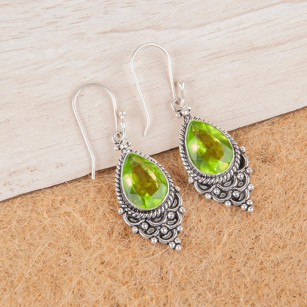 Natural Peridot Gemstone 925 Sterling Silver Jewelry Handmade Drop Earrings 1.9" EE-85-4