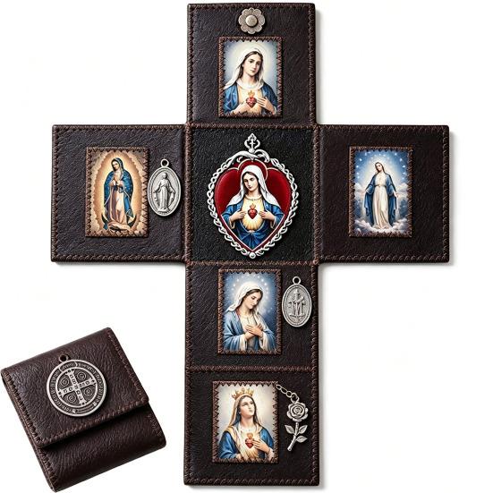 Portable Catholic Altar Altar, Handmade Pocket Prayer Shrine, Faux Leather Spiritual Folding Foldable Devotional Religious Gift for Christian Friends