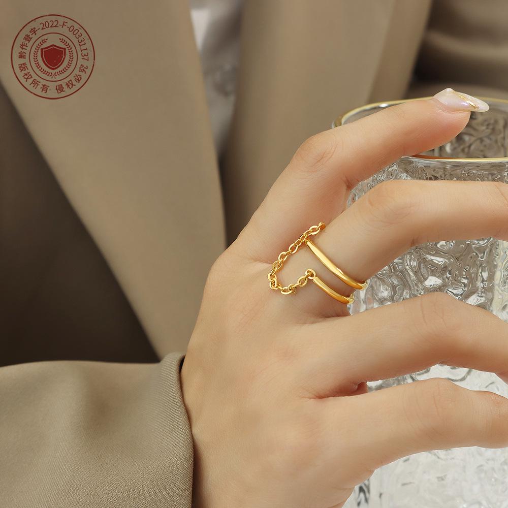 18K Gold Plated Titanium Steel Double Layer Index Finger Chain Ring for Women - European & American Style