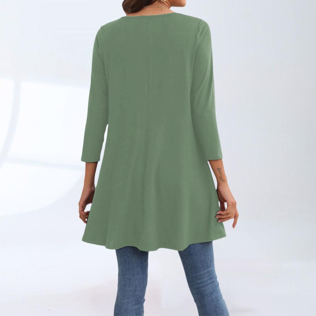 Women's Fashion Casual Three-quarter Sleeve Long Solid Color Round Neck Top