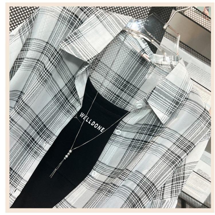 Womens Summer Checkered Shirt Breathable Long Sleeve Chiffon Blouse Lightweight Open Front Top Outerwear