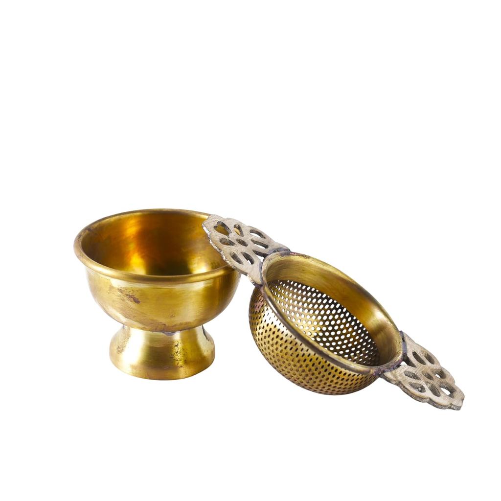Makaibari Tea Strainer Gold with Drip Bowl | Premium Brass | Perfect for Long Leaf Teas