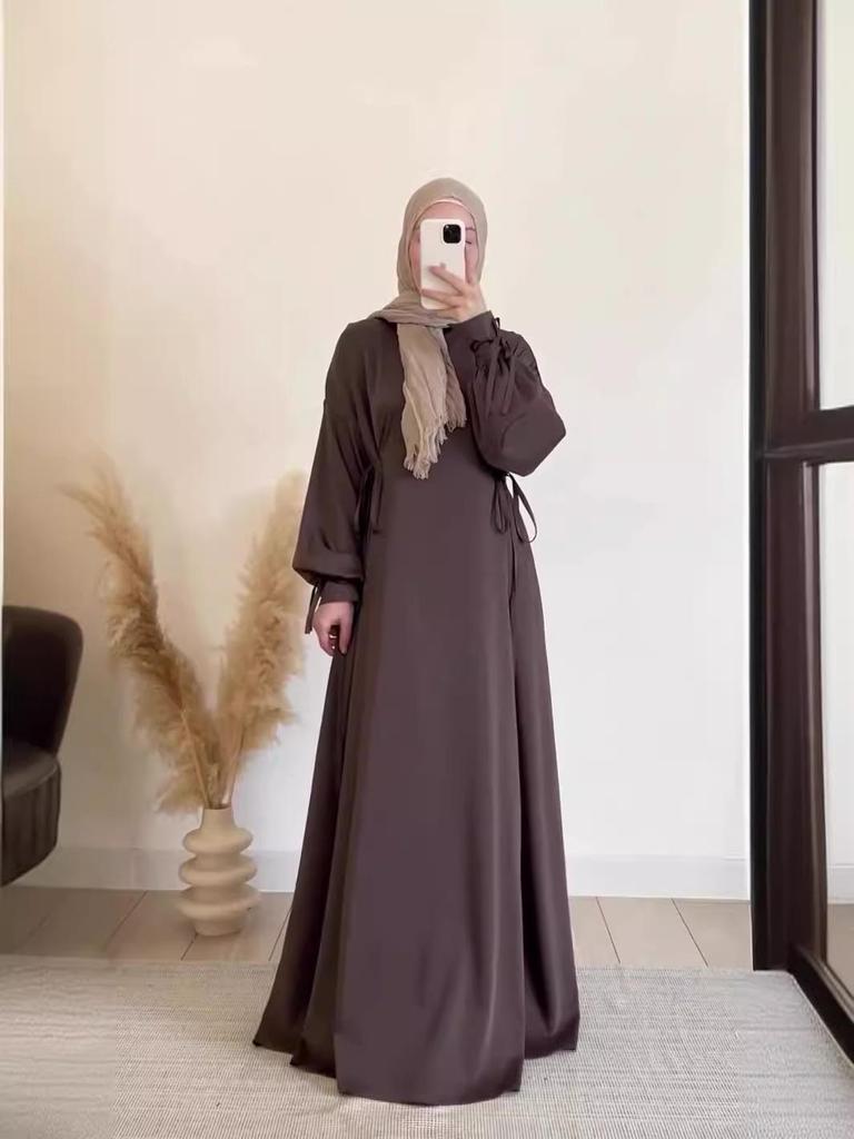 Rochie lungă slim A-line cu mâneci felinar și cravată, culoare uni, toamnă 2024