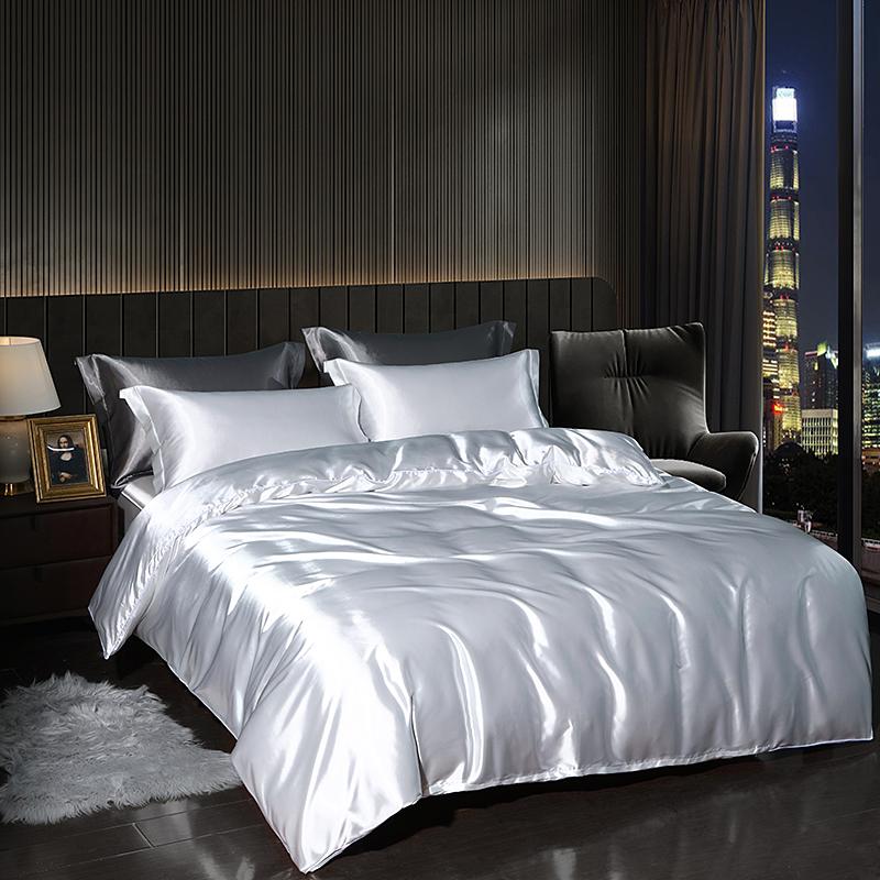 Luxury Satin Bedding Set with Flat Sheet Duvet Cover High End Bedding Set High Density Satin Solid Color Bedding