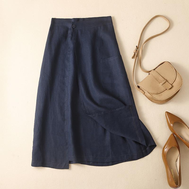 

Летняя женская ретро юбка миди А-силуэта с высокой талией из чистого льна 2024 L