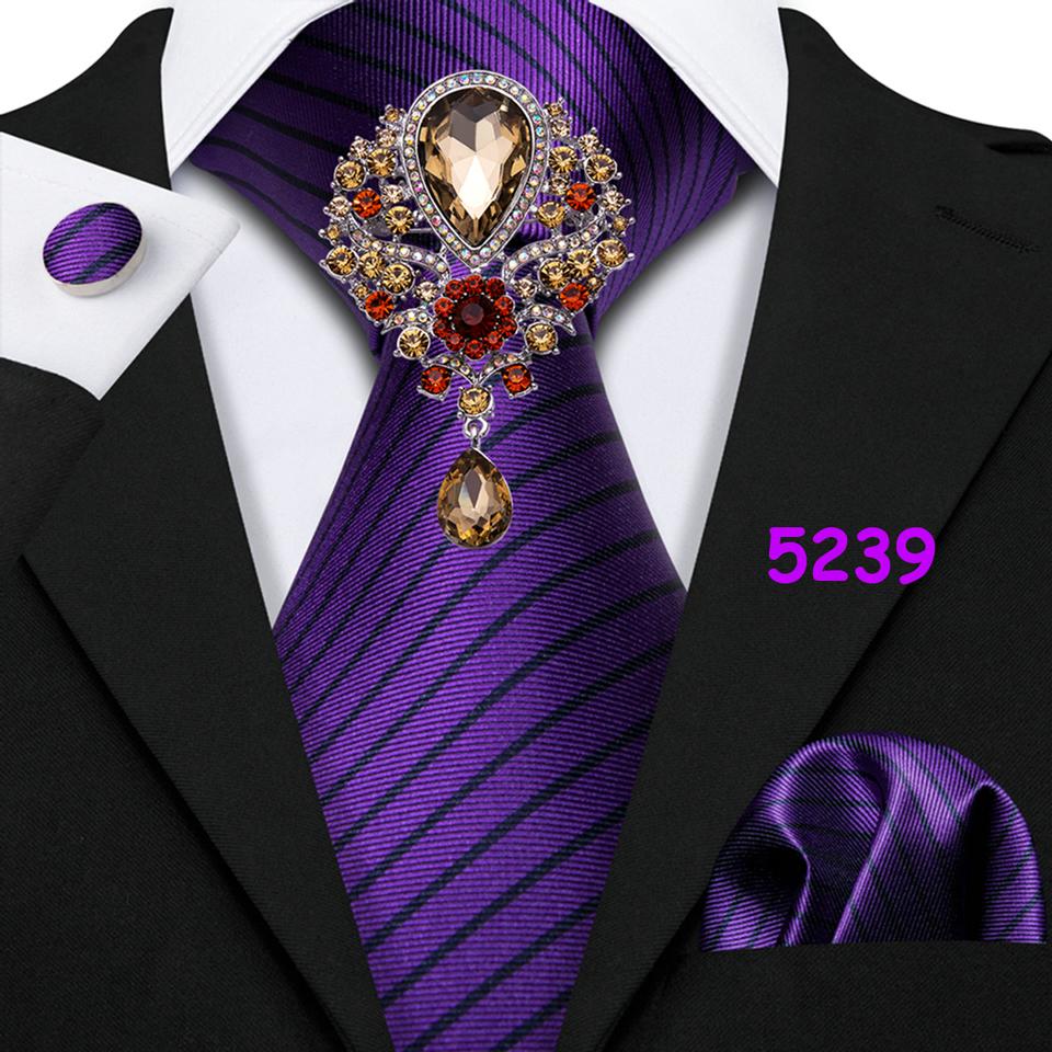 Purple Ties with Brooch Hanky Cufflink for Men Paisley Plaid Silk Necktie Jacquard Woven Wedding Set