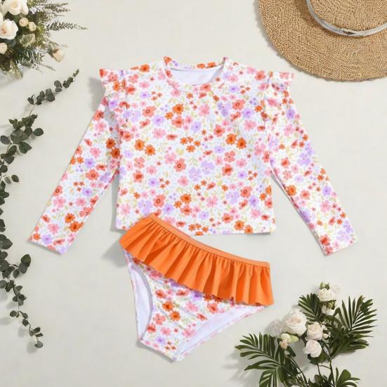 Dívčí plavkový set na ochranu proti slunci Dvoudílný rashguard s dlouhým rukávem Koupací oblek Tankini s bikinovým spodním dílem Květinový potisk Dětské plážové oblečení