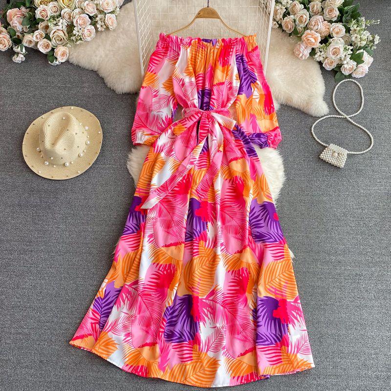 

off-Shoulder A- line Elegant Graceful Seaside Holiday Dress Pink XL