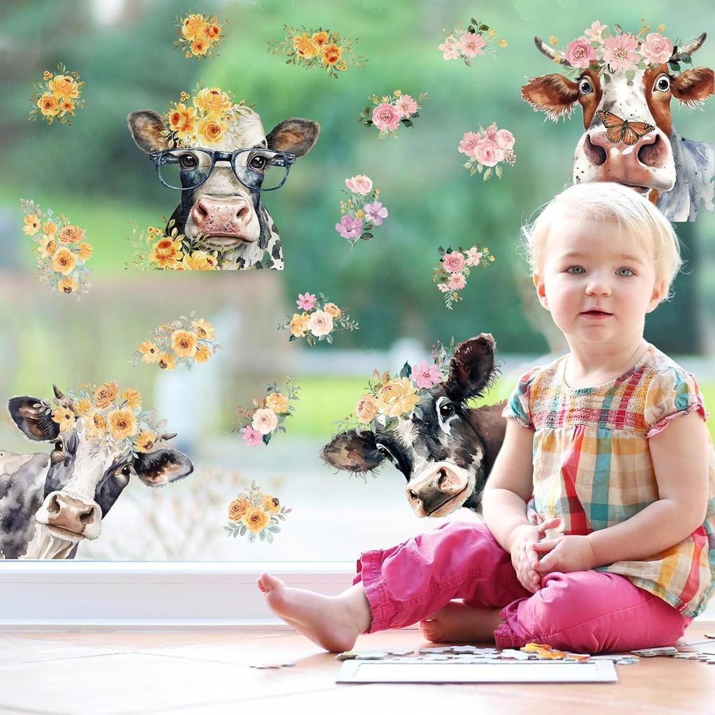 Floral Cow Window Clings Cute Cow Window Stickers Double-Side Glass Decals for Party Home School Office Decor, 11.5 X 8.3 Inch, 6 Sheet