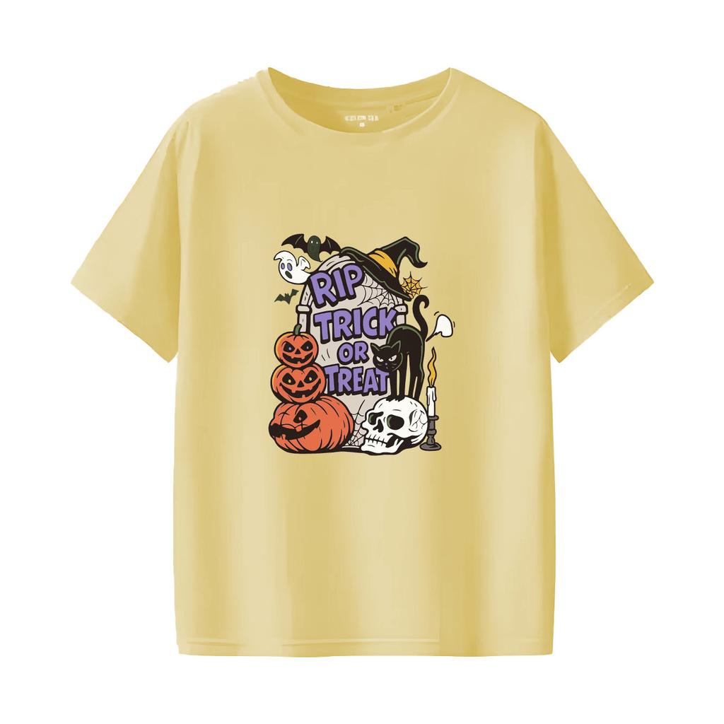 Halloween Pumpkin Print Short Sleeved Round Neck Versatile Fashion Womens Tshirt for Spring and Summer