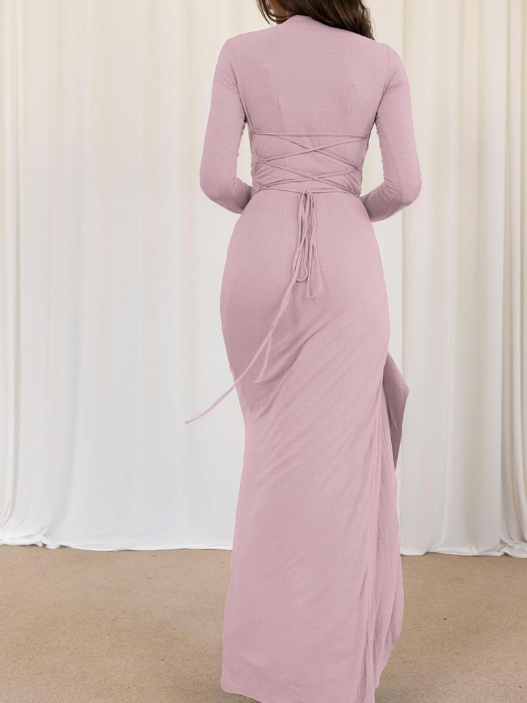 2025 Europejska i Amerykańska Elegancka Sukienka Bodycon w Jednolitym Kolorze z Rozcięciem - Jesień/Zima Suknia Wieczorowa z Okrągłym Dekoltem