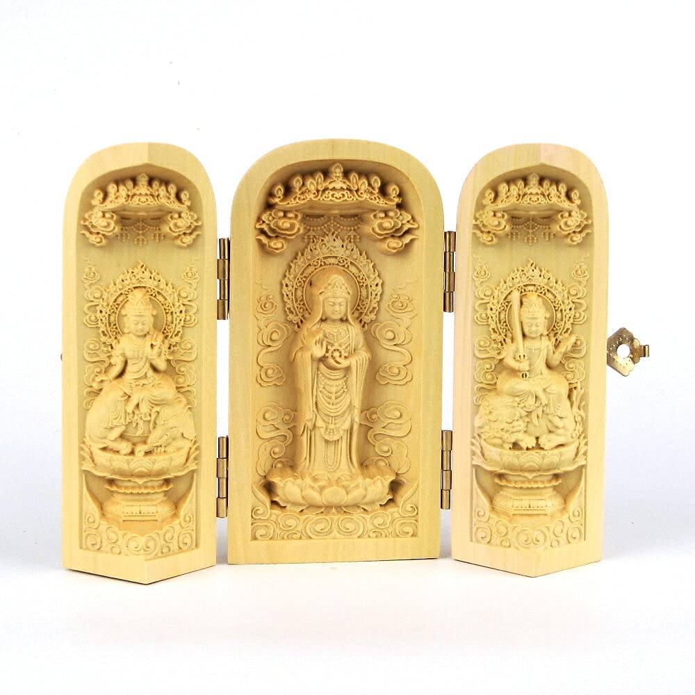 

особая буддийская статуя открытая и Самантабхадра Диаметр Ширина открытия резьба по дереву из самшита 18320 Куриты [Три Будды] (цилиндрический)