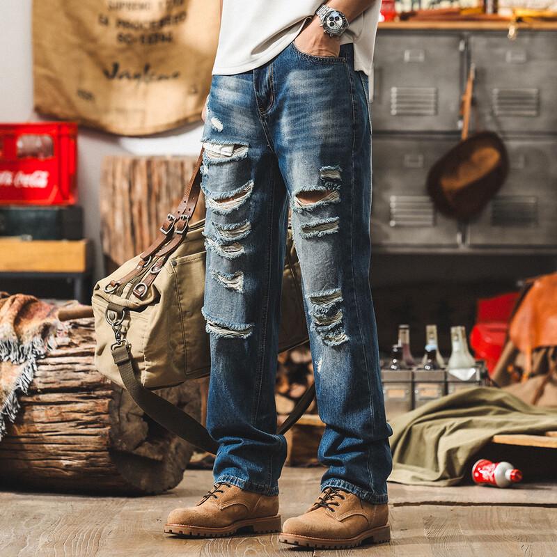 Men's American Retro Ripped Straight-Leg Jeans
