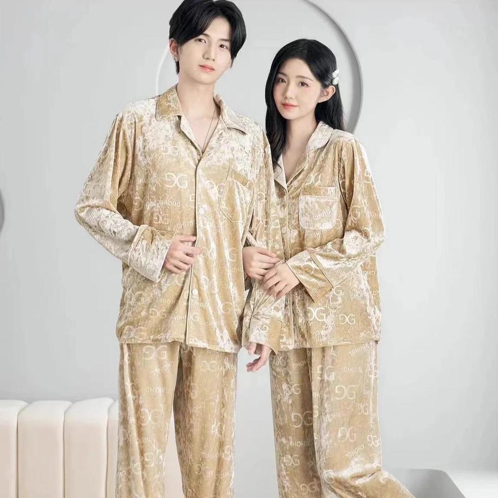 Da Vinci Code Samtpyjama: Goldener Diamant Langarm & Hose, Buchstaben-G-Design, Lockere Passform für Paare, Herren-Set – Herbst/Winter.