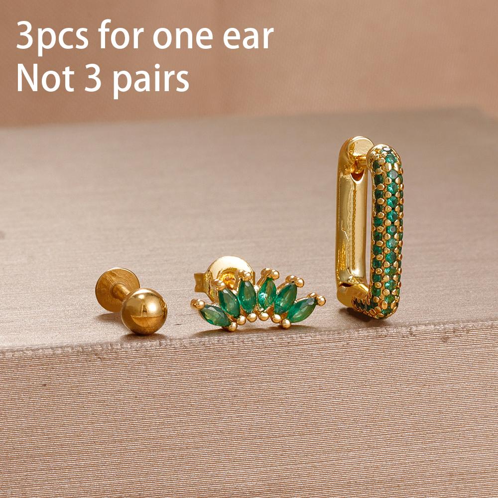 3PCS Exquisite Green CZ Zircon Water Drop Gold Color Earrings Set for Women Dainty Stackable Piercing Earring Luxury Jewelry