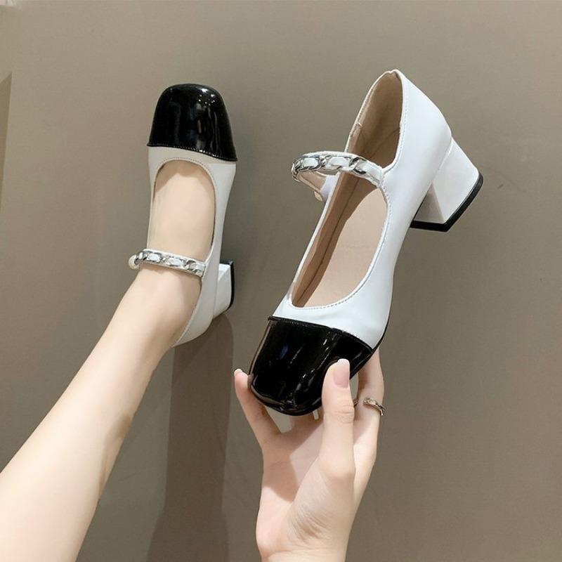 2026 Retro French Fashion Square Head High Heels Pearl Coarse Follow Shoes