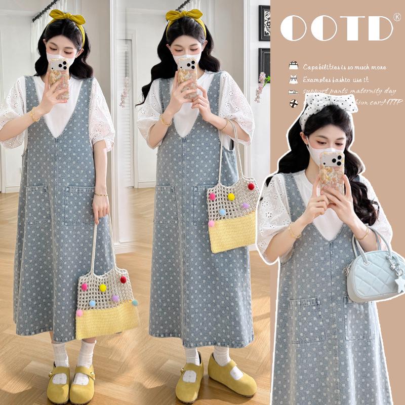 2026 Anti-aging Maternity Knit Base Layer & Denim Pinafore Dress Set XL