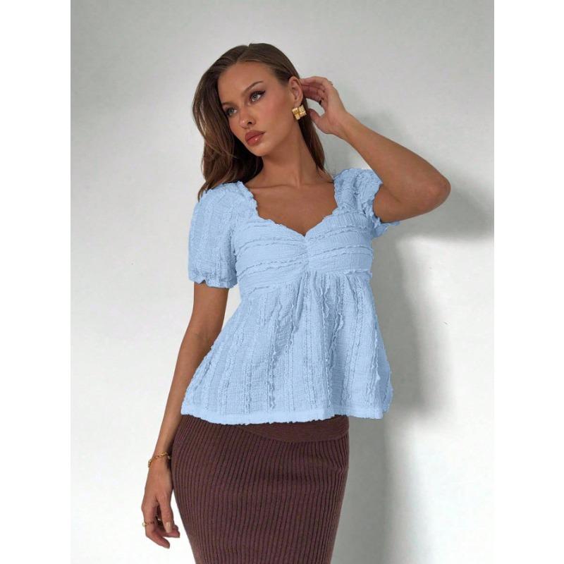 Casual European American V Neck Puff Sleeve Solid Color Loose Short Sleeve T Shirt For Women