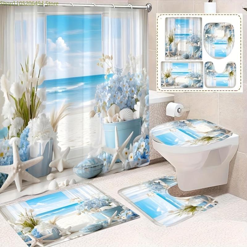 

1/4pcs Creative Starfish Floral Screen Bathroom Set - Polyester Shower Curtain, Non-Slip, U-Shaped, Toilet Cover with 12 Hooks 4pcs-Set