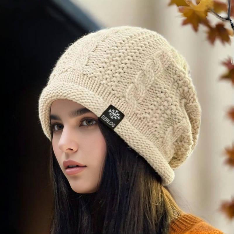 

Женская корейская модная большая вязаная шапка - Теплая, универсальная, удлиненная шерстяная с защитой ушей для осени и зимы бежевый