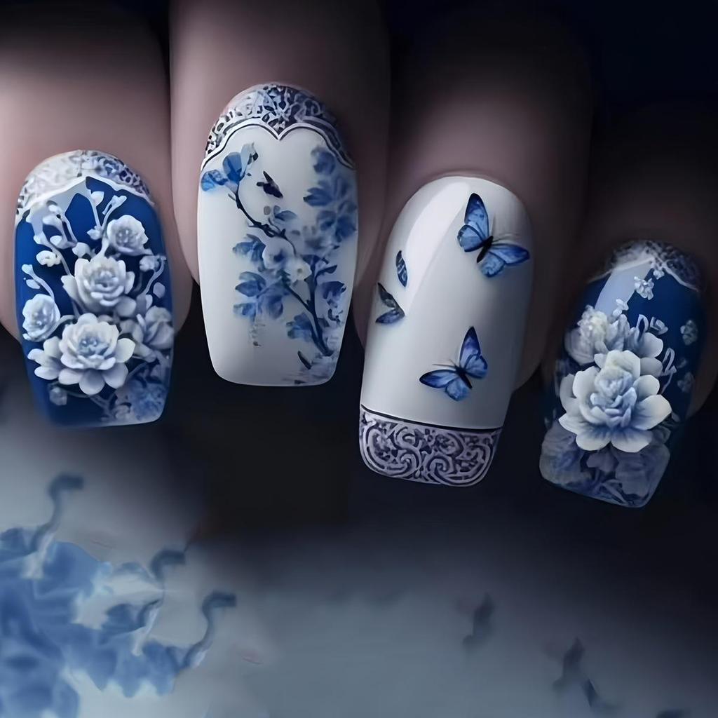 Blue & White Porcelain Press-On Nails - Chinese Style with Butterfly Design, Includes 24 Stickers
