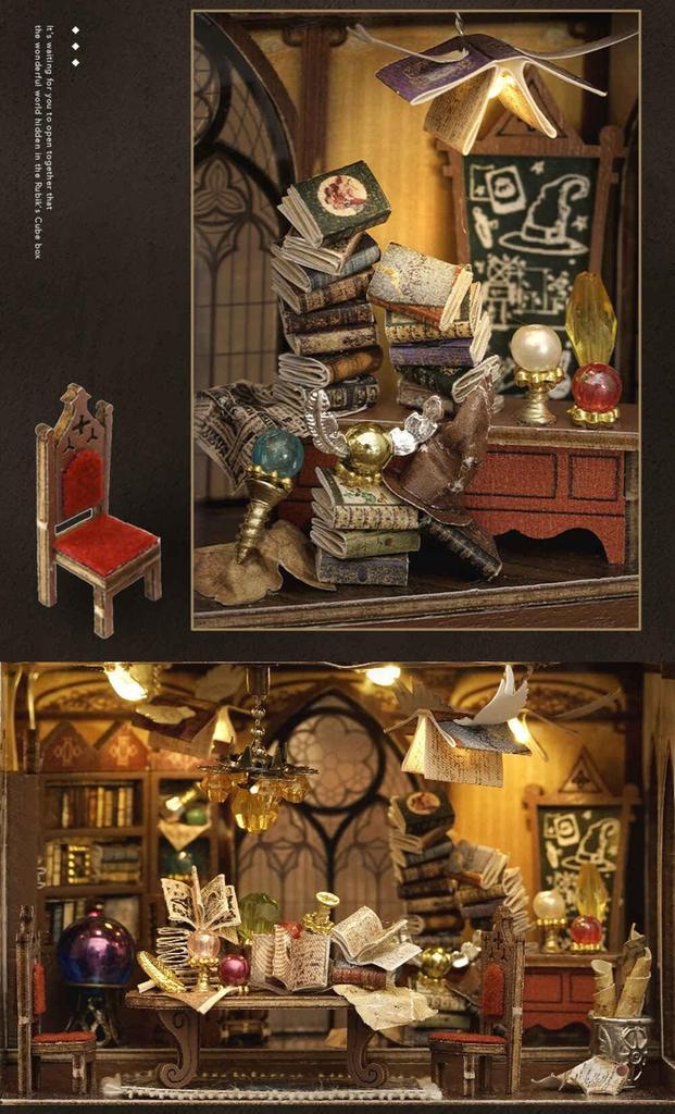 moin moin Dollhouse Miniature DIY Kit Set Town Shop Retro Town Streetscape Opens with Magical Romance Magic School Paper Parts LED Light 2503dh451