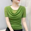 Summer Women's Draped Design O-Neck T-Shirt Trendy Elegant Short Sleeve Mesh Tops New Casual Fairy Tees Blouse