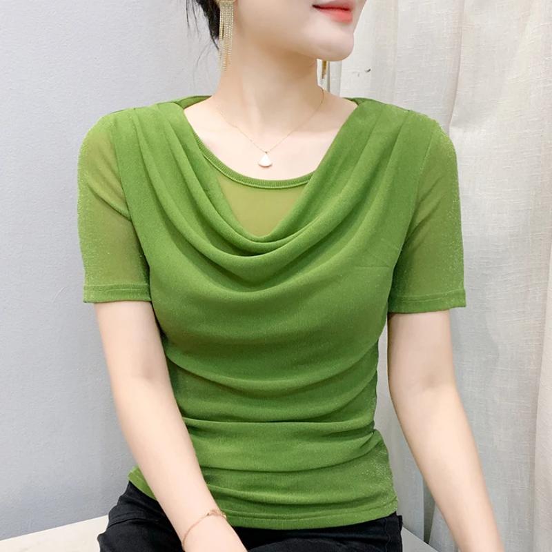 Summer Women's Draped Design O-Neck T-Shirt Trendy Elegant Short Sleeve Mesh Tops New Casual Fairy Tees Blouse