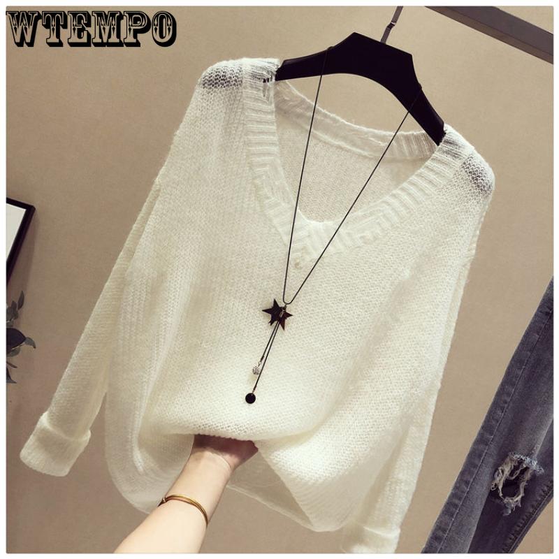 Spring Women's Sweater Long Sleeve Loose Knit Women's Thin Slouchy Sweater Hollow Top