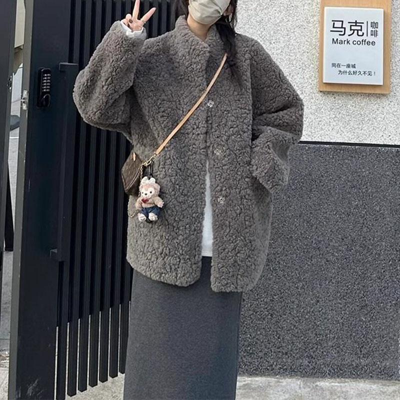 Autumn Winter Lazy Wind Midi Faux Fur Integrated Hair Solid Flip Collar Fashion Thermal Women Loose Comfortable Casual Coat 2024