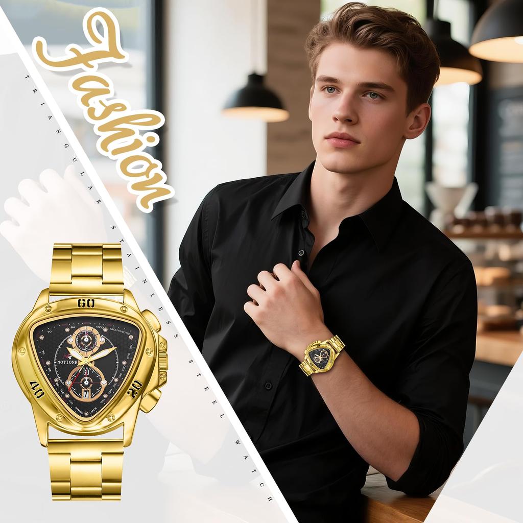 Triangular analog watch for men with luminous calendar and stainless steel three-eye hands, function, strap, gold.