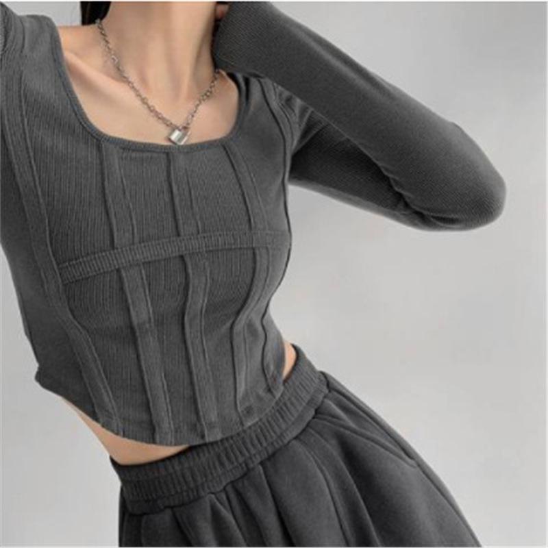 

High Street Spicy American Square Neck Long Sleeve Crop Top with Fishbone Pattern XL
