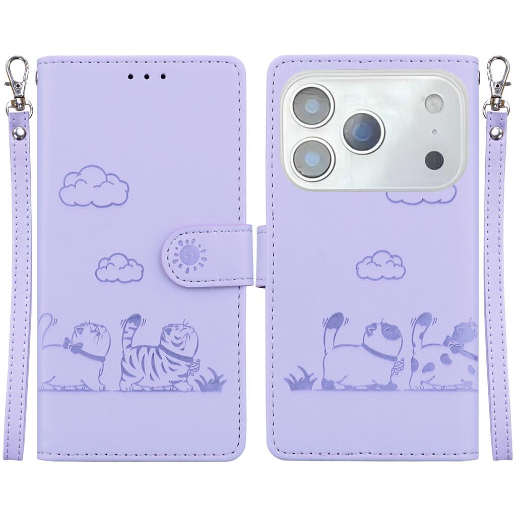 For iPhone 17 Pro Max Case RFID Blocking Kitten Pattern TPU+PU Leather Phone Cover with Wrist Strap
