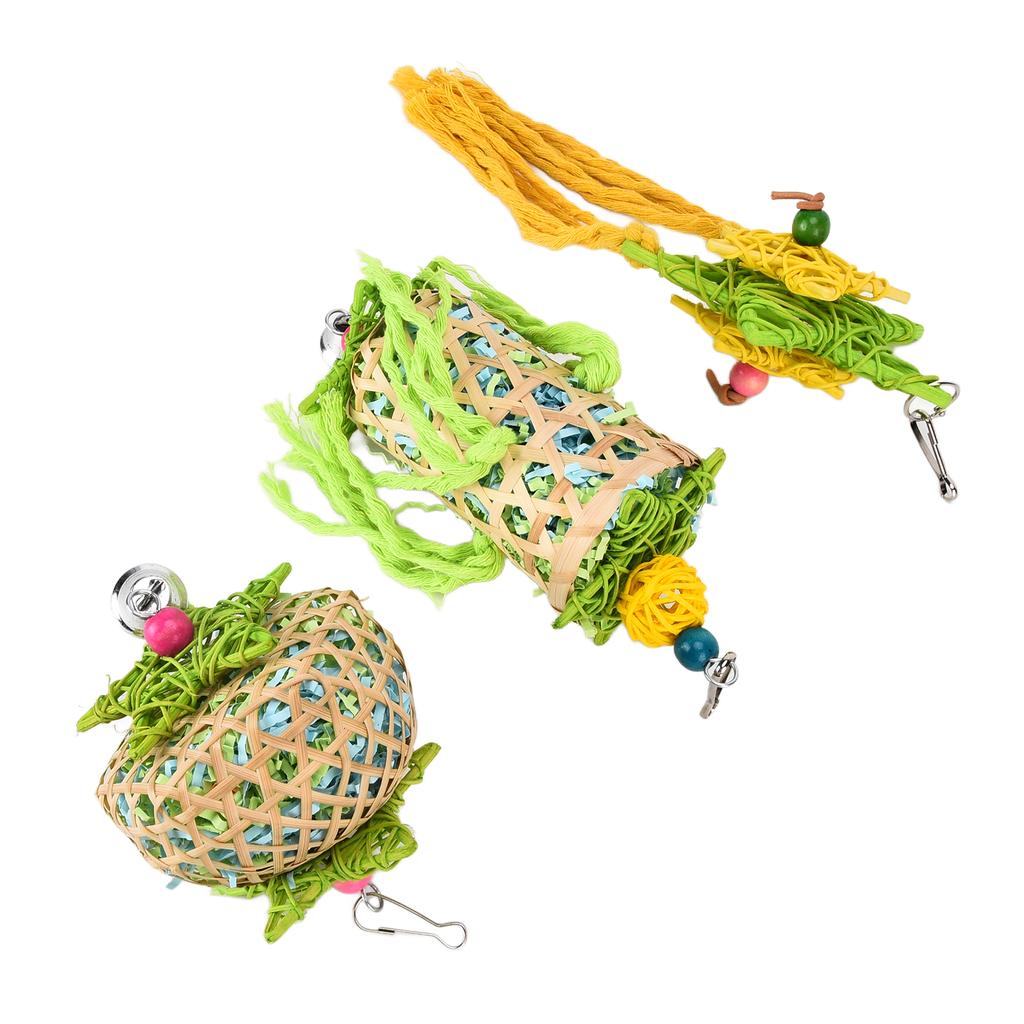 3pcs Bird Chewing Toys Natural Parrot Shredder Toy Set with Bells Rattan Ball for Budgies African Grey Parrot Cockatiels
