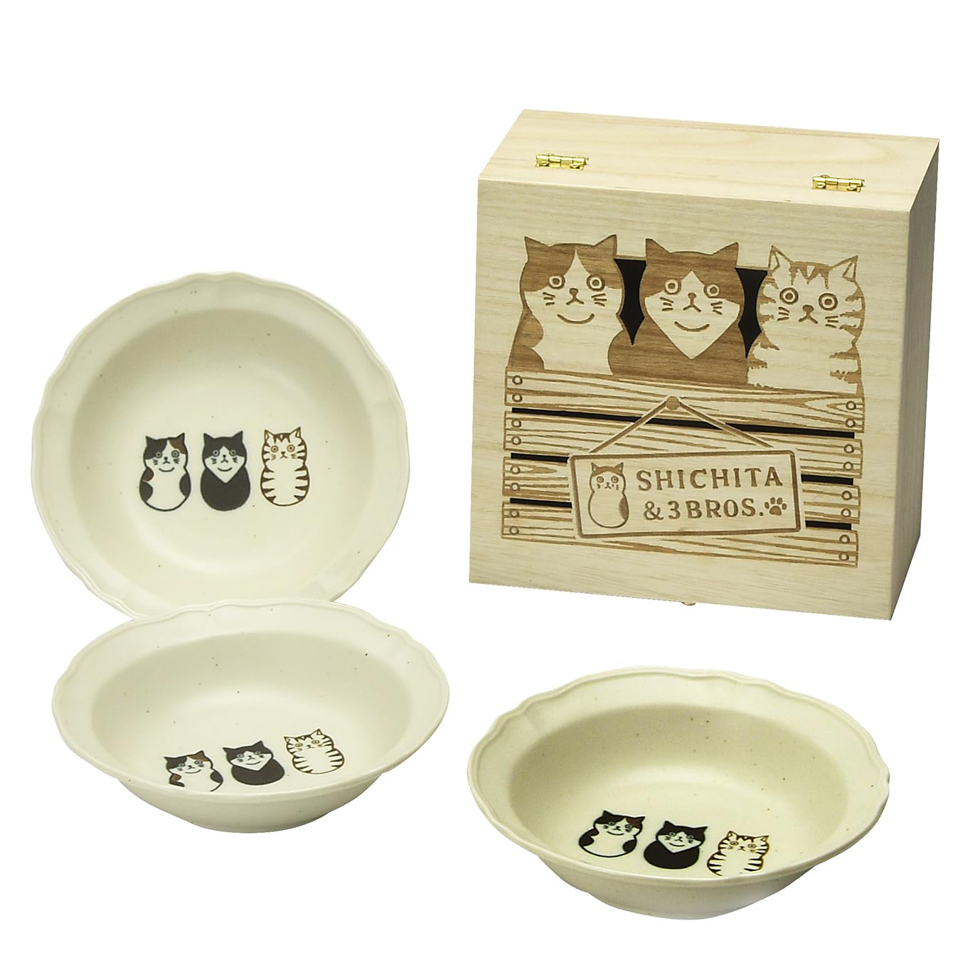 

Mino ware cat motif small bowls and plates, approximately 14cm, set of 3, SHICHITA dish set, microwave and dishwasher safe, wooden boxed, gift set,