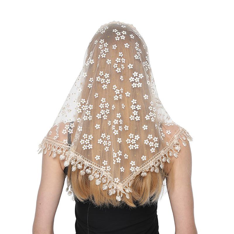 160*50cm Women Tassel Triangle Scarf for Church Prayer Shawl Embroidered Lace Veil Floral Headcovering Veils for The Church's